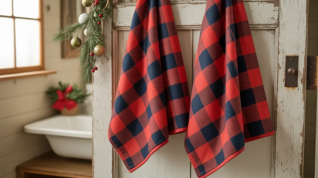 plaid holiday towels adding cozy cabin texture to farmhouse christmas bathroom