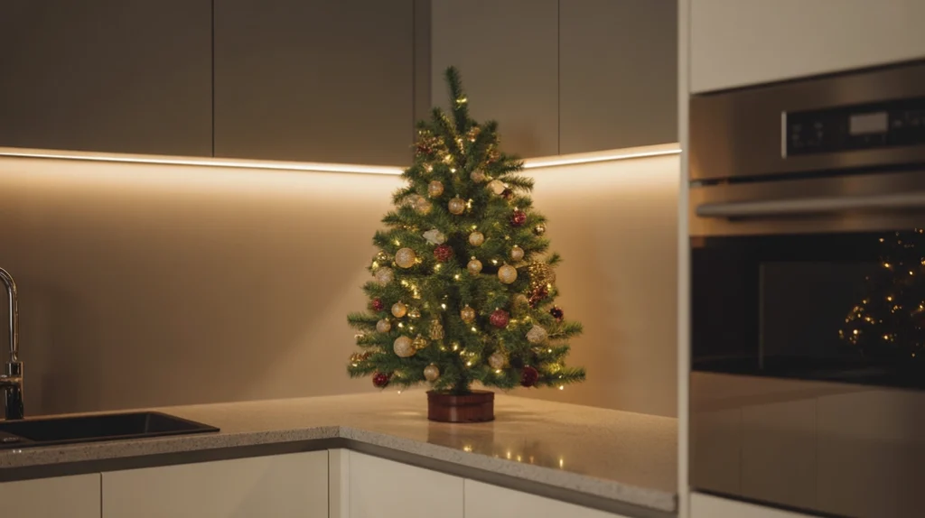 pre-lit mini christmas tree on kitchen countertop corner with tiny ornaments and warm glow