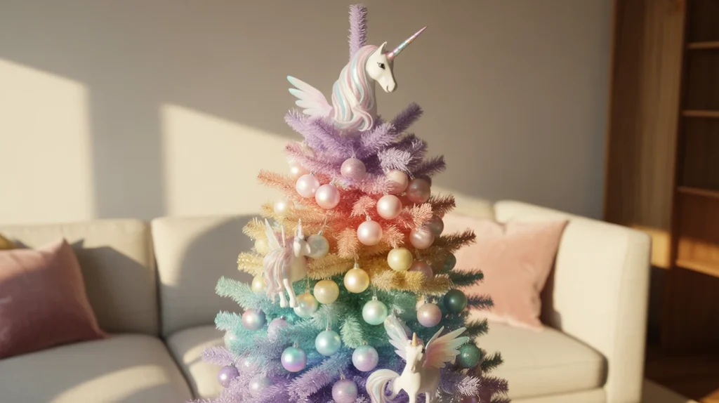 Pastel rainbow unicorn Christmas tree with glitter garlands and iridescent ornaments