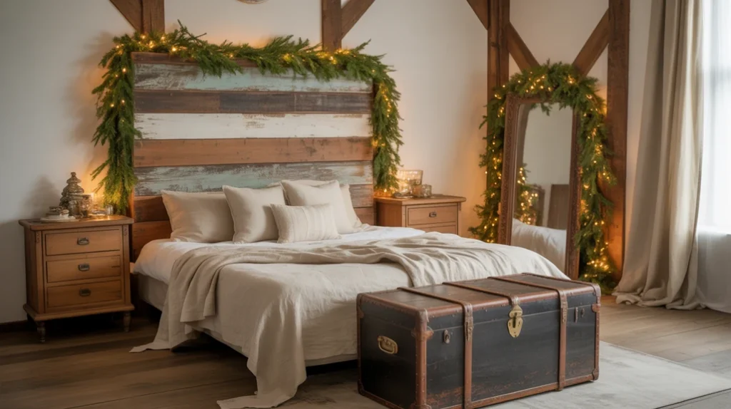 Reclaimed wood headboard and rustic furniture creating farmhouse charm in a country-style Christmas bedroom