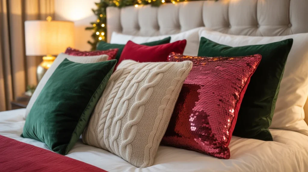 Red and green accent pillows for Christmas bedroom styling