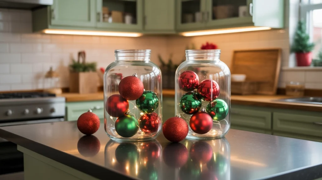 Clear glass jars filled with red and green ornaments and fairy lights for festive Christmas kitchen countertop decor.