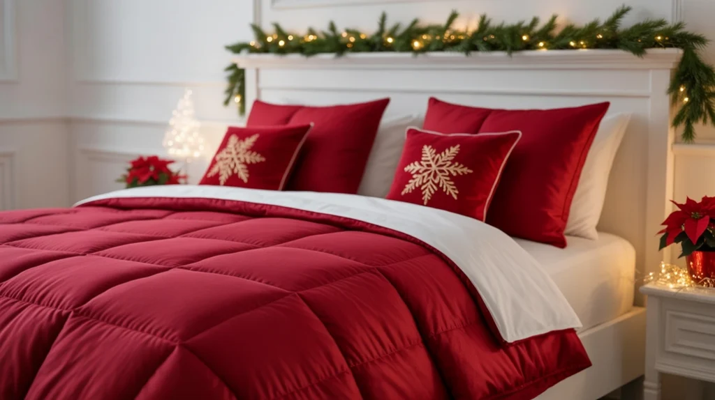 red and white christmas bedroom color scheme with festive bedding and classic holiday design inspiration