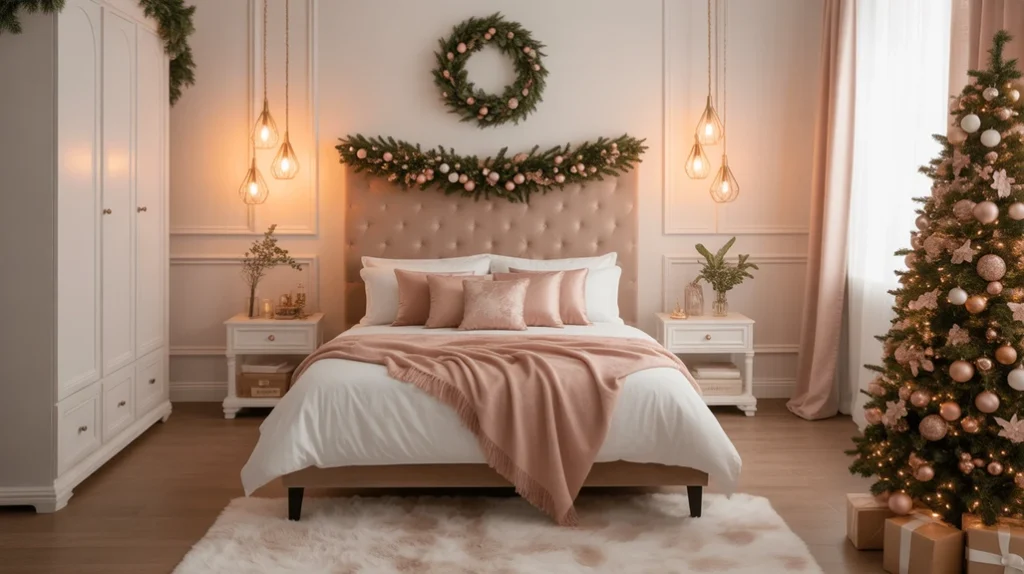Soft blush and gold color palette for a cozy winter bedroom decor