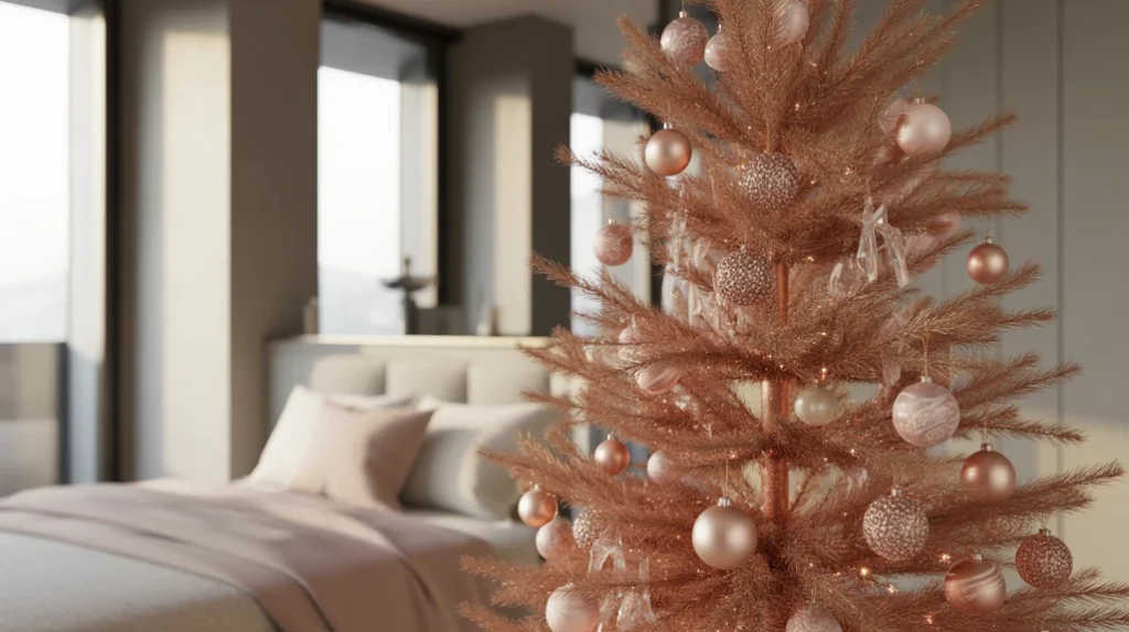 small rose gold Christmas tree with blush ornaments and warm fairy lights enhancing festive bedroom atmosphere