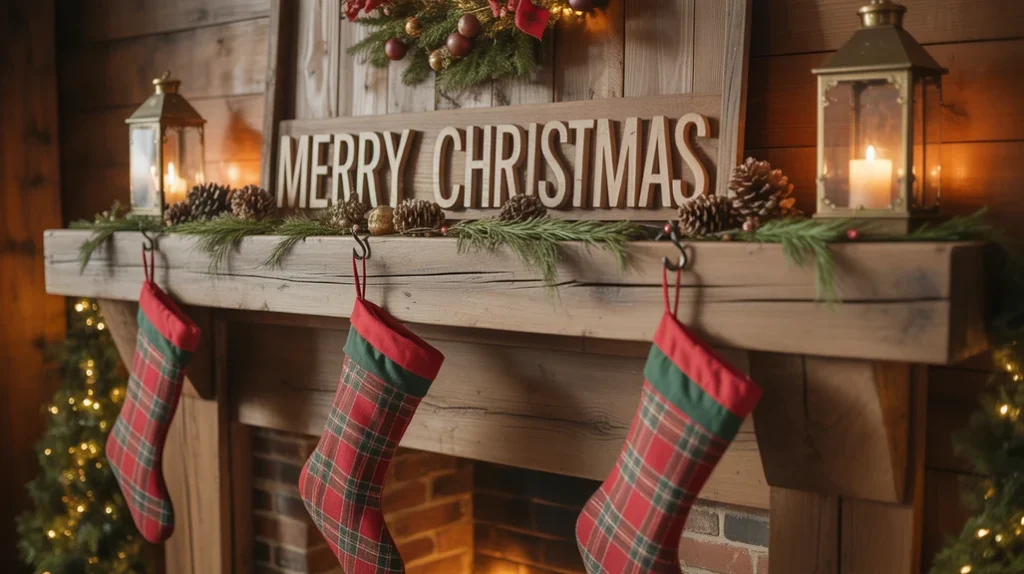 Traditional Christmas fireplace decorated with red and green accents