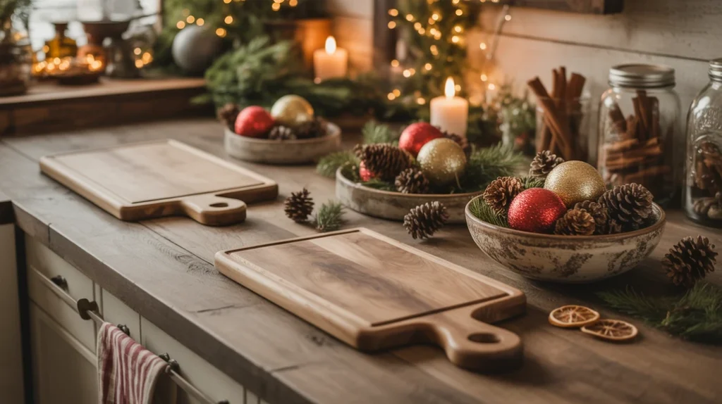 rustic christmas kitchen with wooden trays, cutting boards, and pinecones for festive charm
