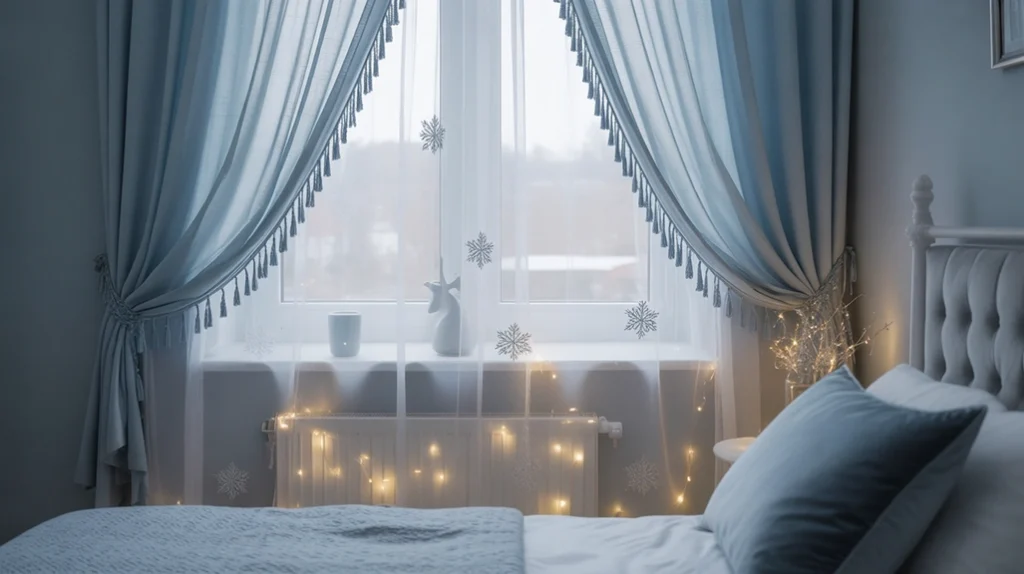 Pale blue sheer curtains with silver embroidery and fairy lights, casting a soft glow in a winter holiday bedroom.
