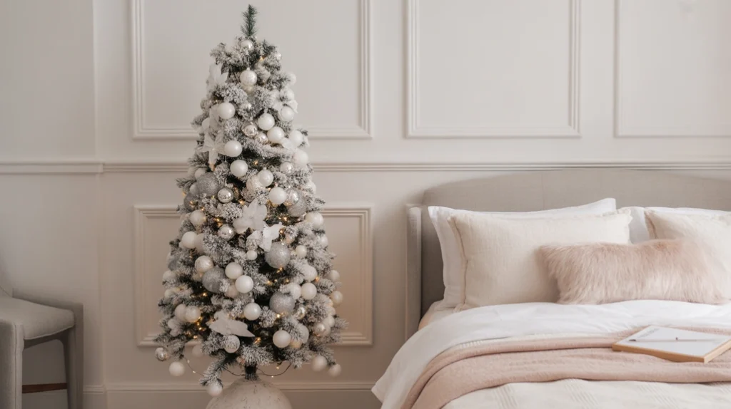 silver Christmas tree with mirrored ornaments beside soft bedding, stylish winter holiday bedroom design
