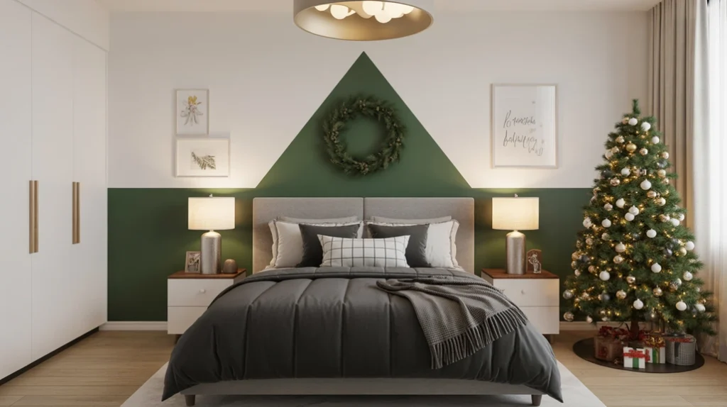 Simple holiday color palette with gray, green, and white tones creating a calm and modern boys bedroom style