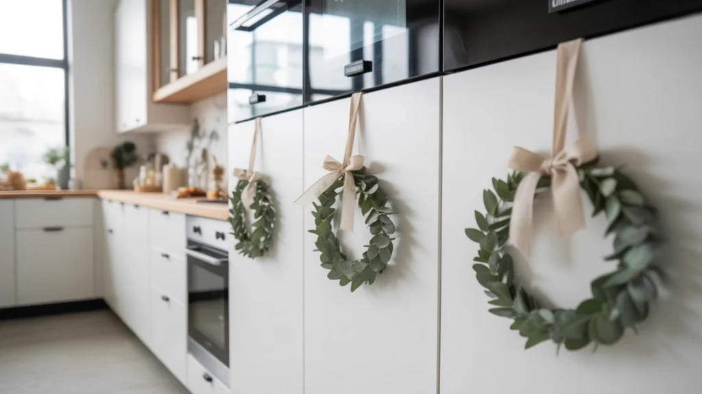 White kitchen cabinets decorated with small eucalyptus wreaths, minimalist Christmas kitchen decor style