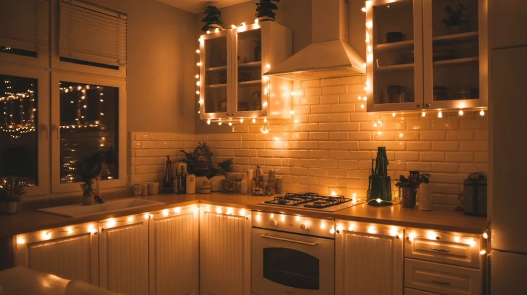 Warm fairy lights wrapped along kitchen cabinets and shelves adding magical glow for Christmas kitchen decor