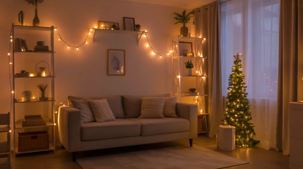 Warm string lights decorating a small apartment living room for Christmas, creating a festive and cozy atmosphere.