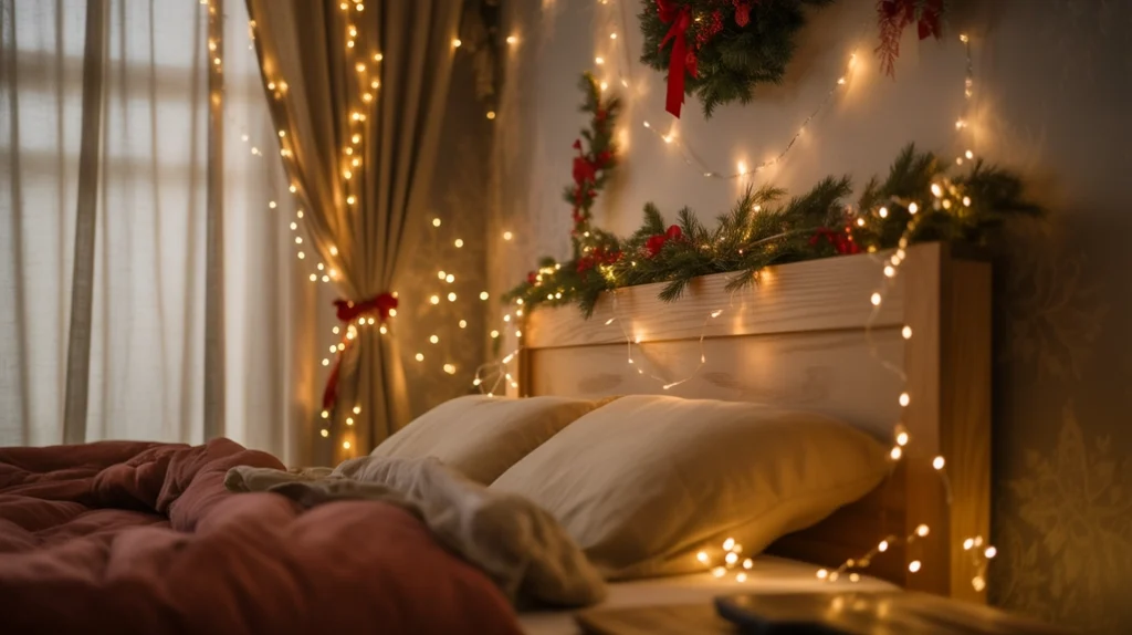 Twinkle lights and fairy lights illuminating a cozy Christmas bedroom with a soft golden glow