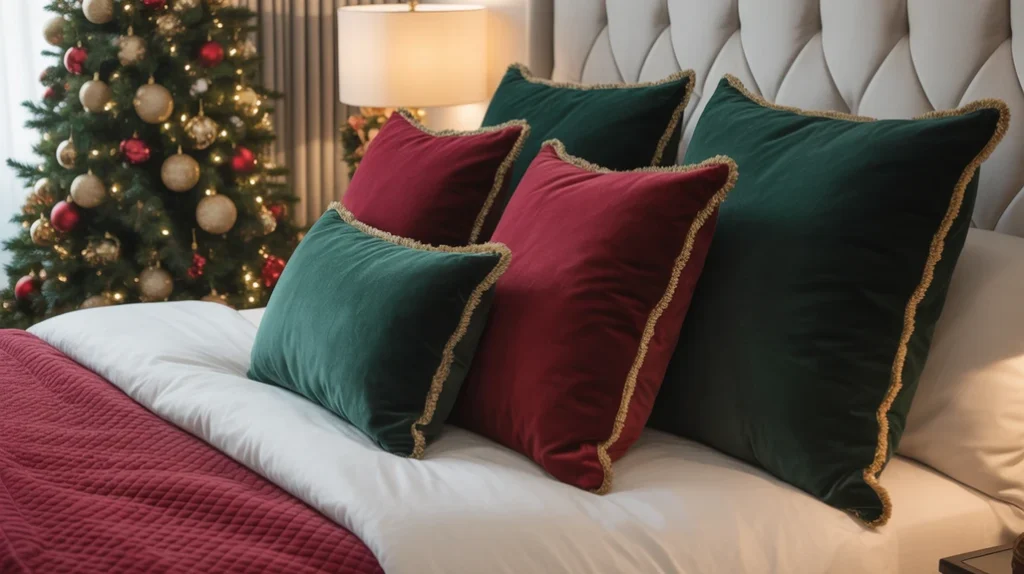 Velvet pillows in deep holiday colors adding luxury and warmth to Christmas bedroom styling.