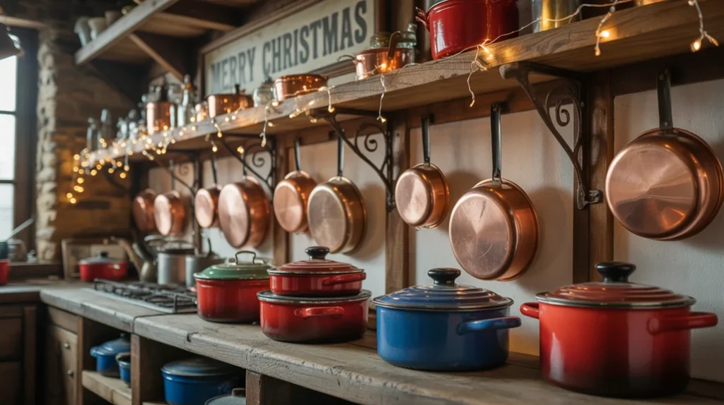 vintage enamel pots and copper pans displayed in cozy rustic christmas kitchen with fairy lights