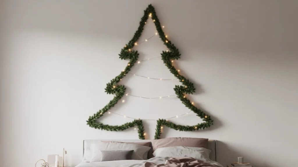 Wall-mounted Christmas tree with fairy lights and ornaments