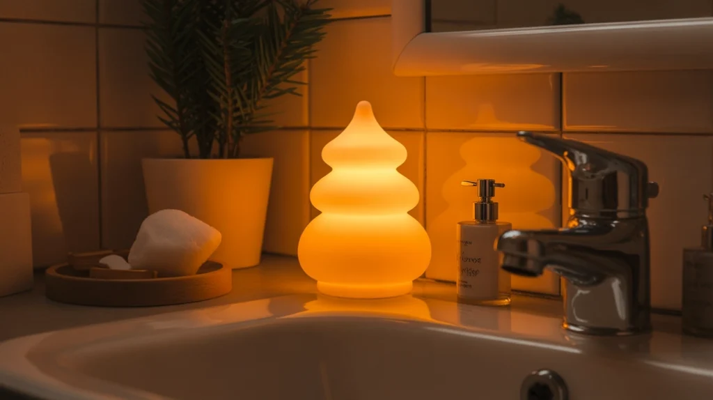 warm holiday night light glowing softly in a bathroom with gentle winter ambiance