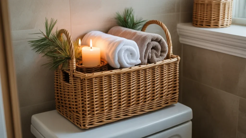 wicker basket with towels and greenery used as christmas toilet tank decoration