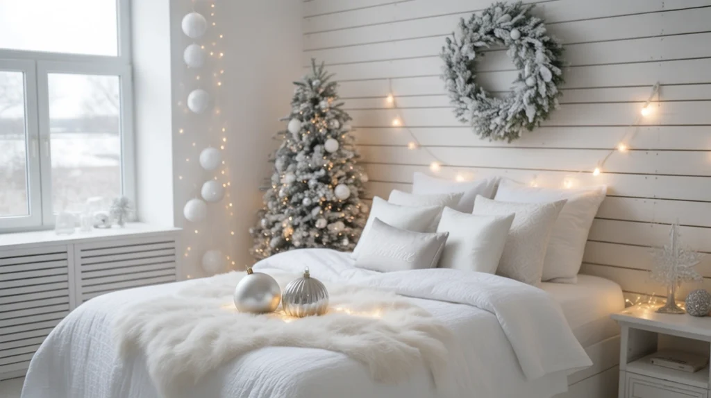 Winter white Christmas bedroom design with silver details and soft lighting