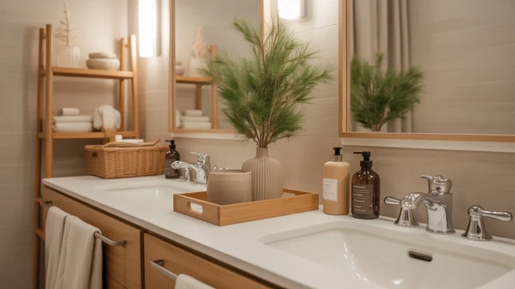 wooden bathroom accessories paired with greenery and natural christmas décor