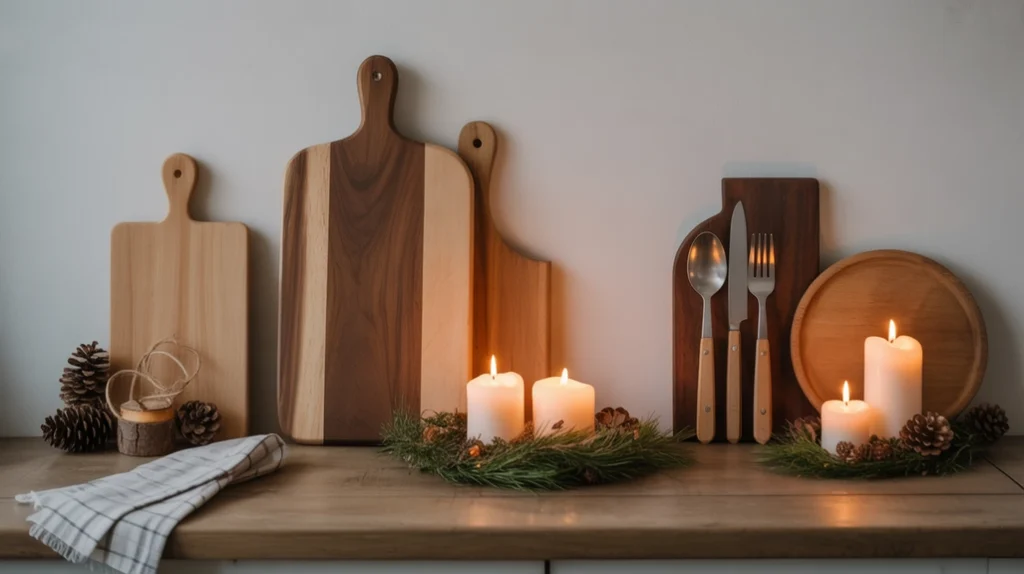 wooden trays, cutting boards, and pinecones styled for farmhouse christmas kitchen decor