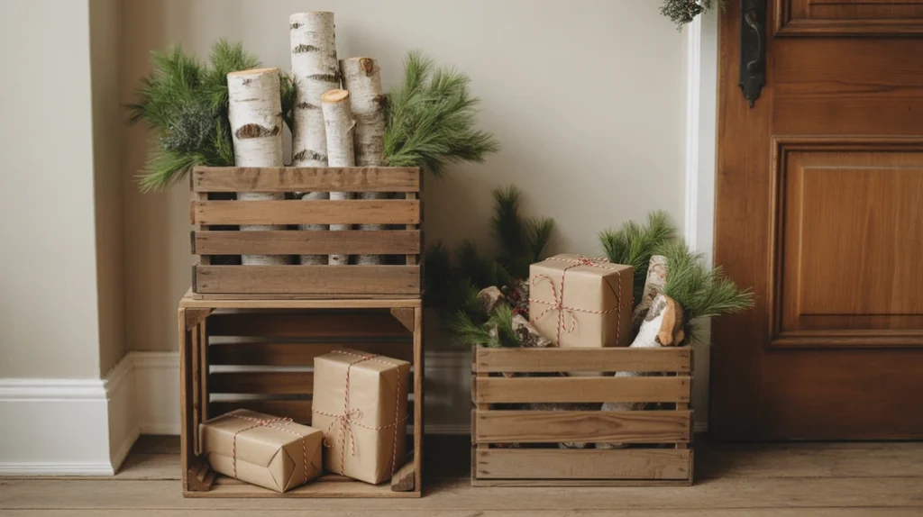 “Wooden crates styled with greenery and birch logs for rustic farmhouse holiday decor”