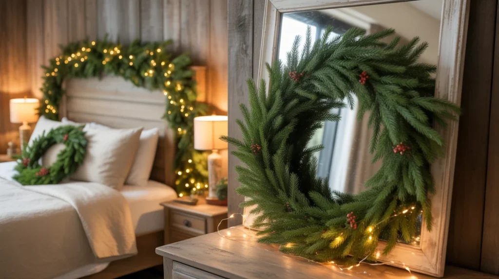 Pine wreaths and lush garlands adding festive greenery to a traditional Christmas bedroom design