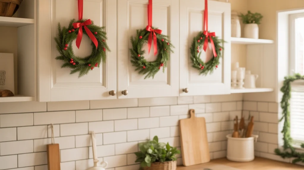 Small wreaths hanging on kitchen cabinet doors and windows for holiday decor