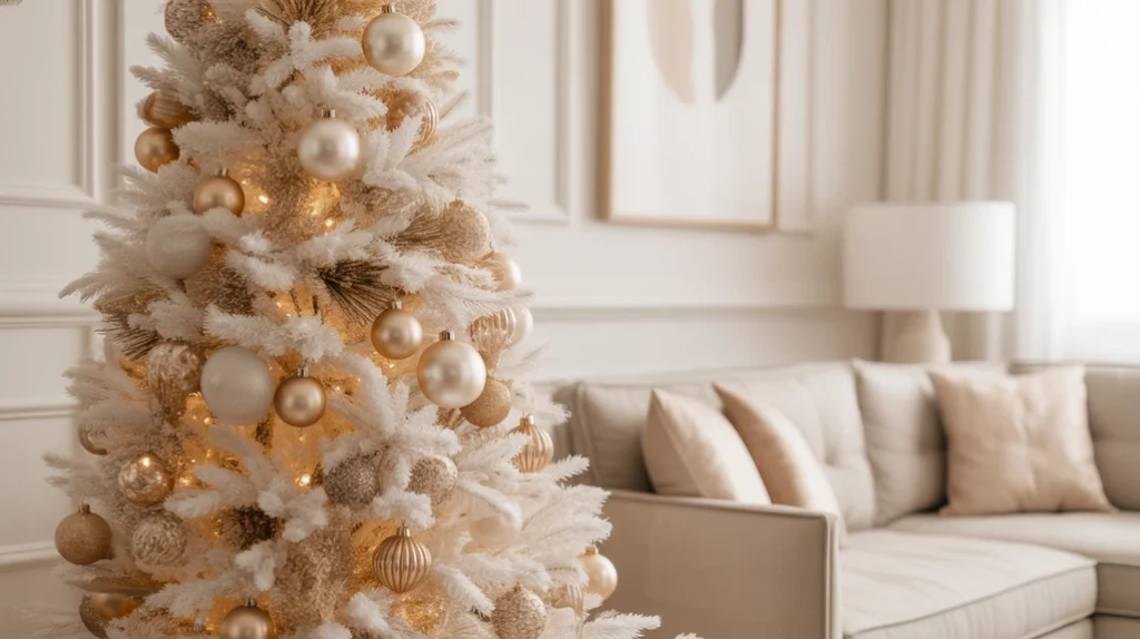 modern farmhouse Christmas living room with beige sofa and gold accents