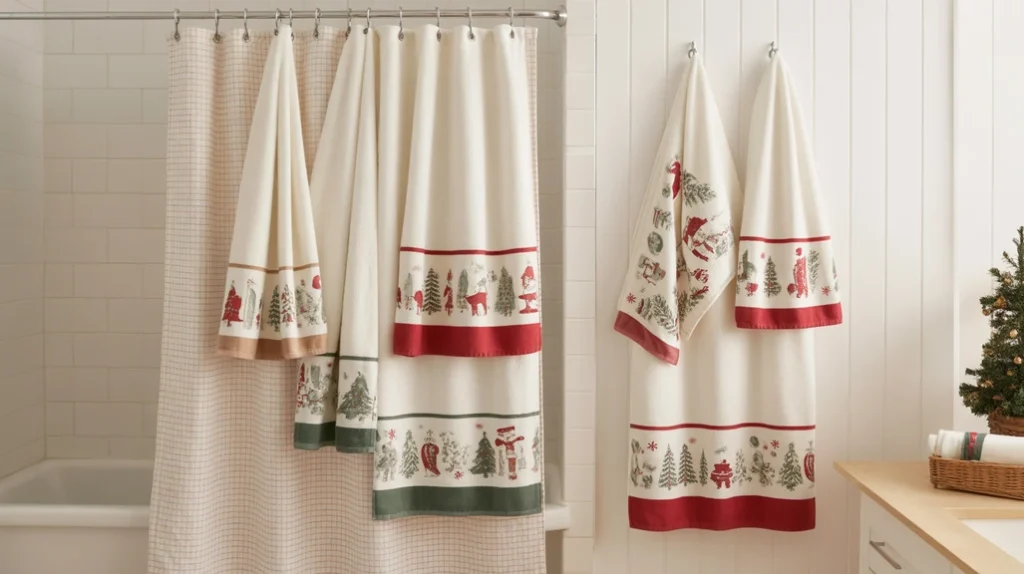 Layered Christmas towels styled to match the shower curtain colors in a festive bathroom.