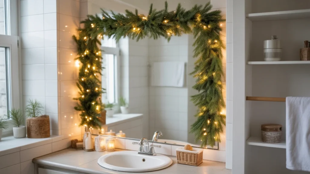 Bathroom mirror decorated with lightweight Christmas garland and warm fairy lights.