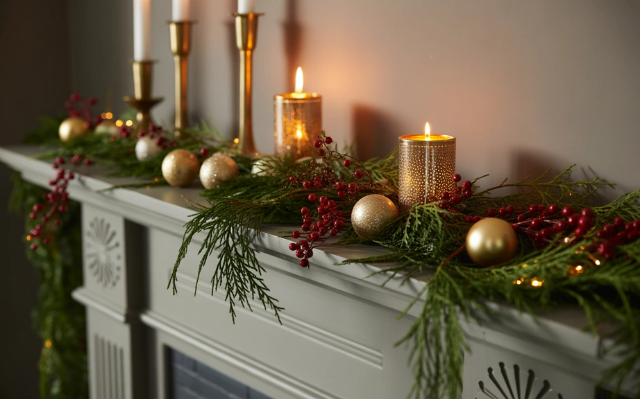 Festive Mantel with Red and Gold Accents