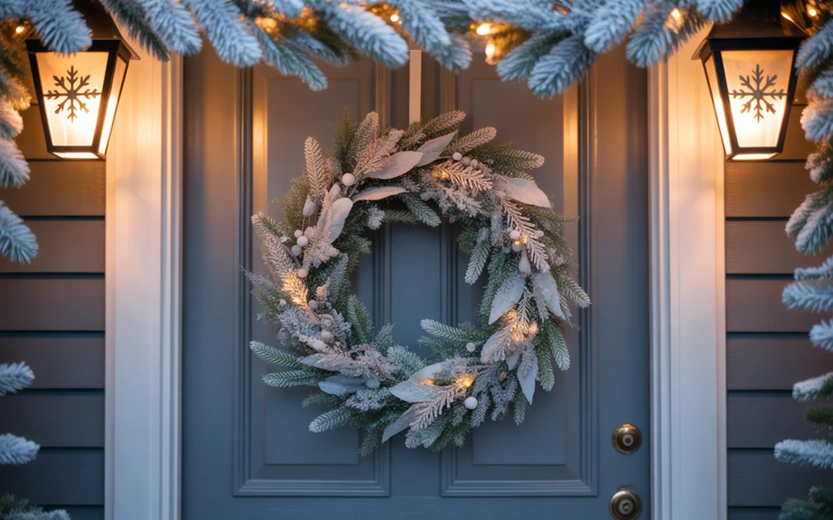 Frosted Greenery Wreath with Snowflake Lantern Cutouts