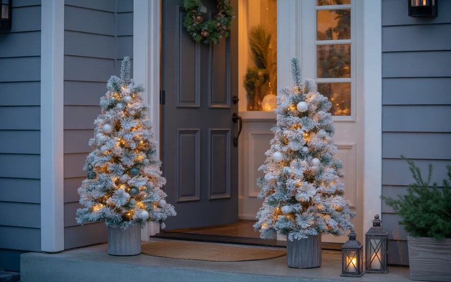 Pre-Lit Flocked Mini Trees by the Door