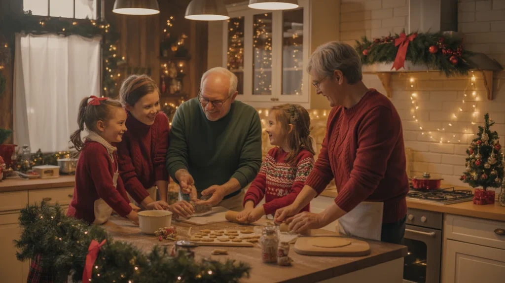Cozy family Christmas kitchen decorated with lights, candles, and festive joy