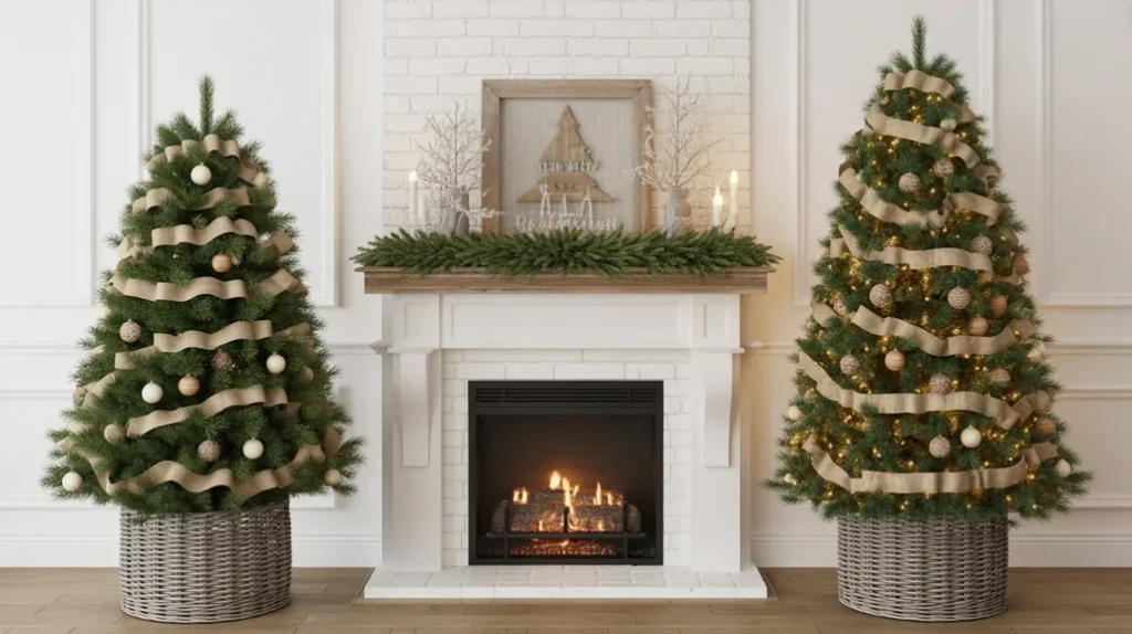 Pair of matching farmhouse Christmas trees in wicker baskets decorated with rustic wood ornaments.