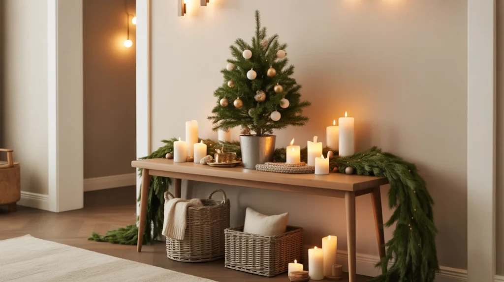 Console table styled with mini trees, candles, and festive Christmas hallway decor