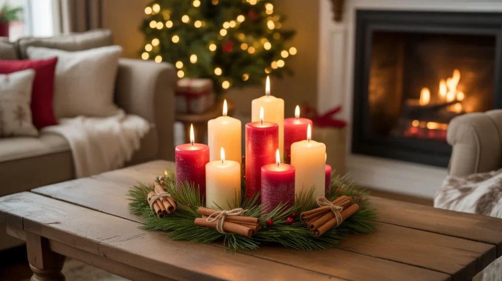Candle cluster centerpiece adding soft lighting and cozy Christmas decor feel
