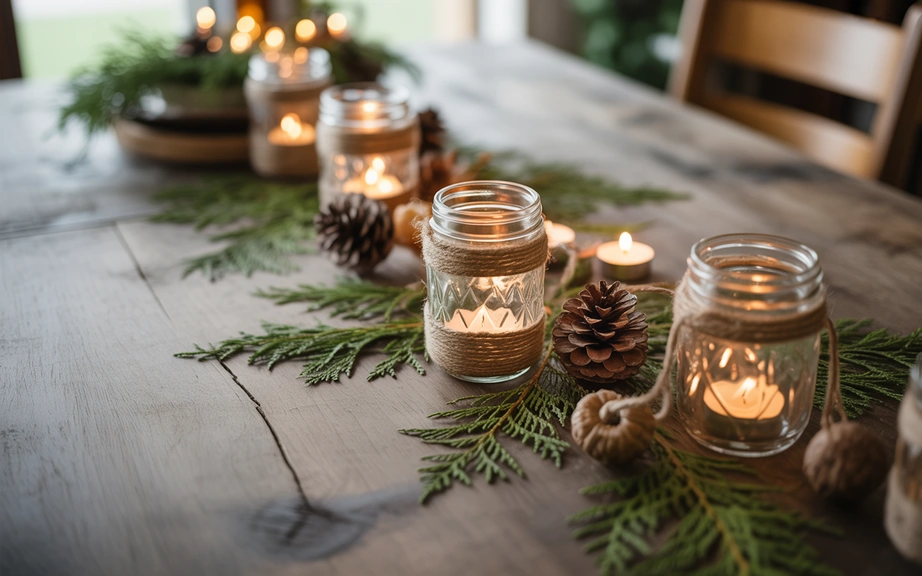 Mason Jar Candle Holders with Greenery