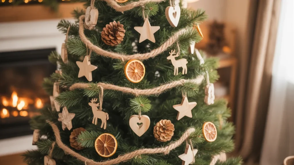 Rustic Christmas tree decorated with natural wood ornaments and pinecones