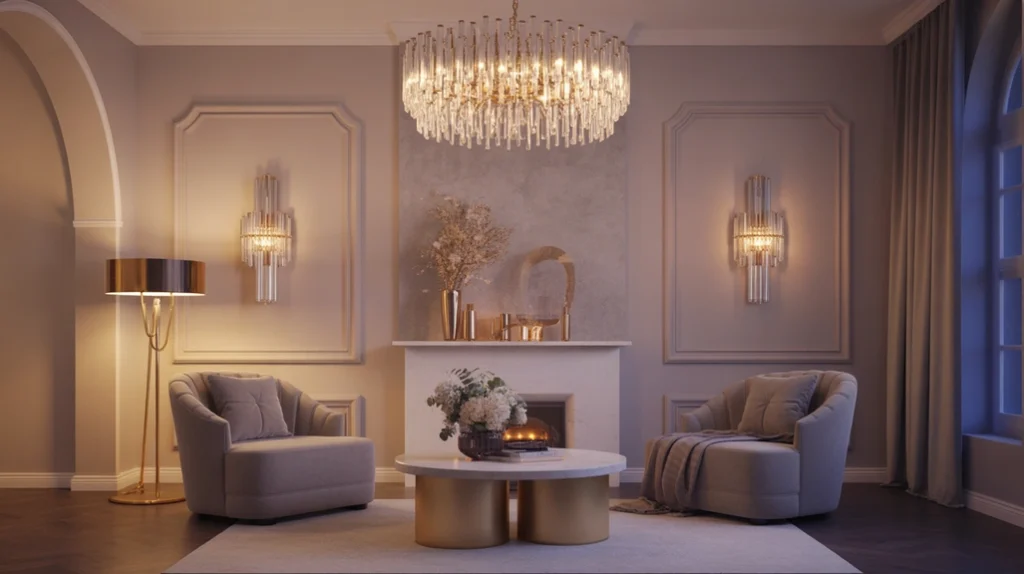 “Elegant chandelier as a statement lighting feature in glam living room.”