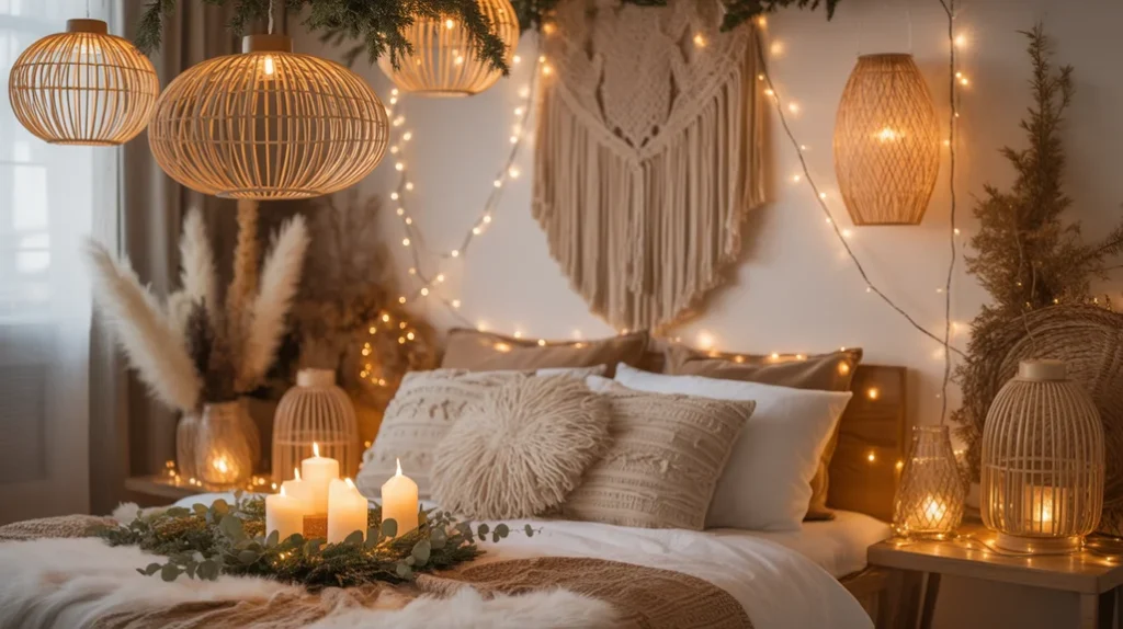 Woven lanterns, candles, and fairy lights adding soft boho glow in Christmas bedroom design