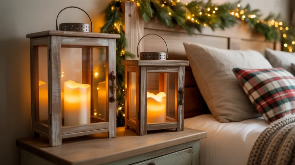 Bedside lanterns and LED candles enhancing warm festive bedroom lighting