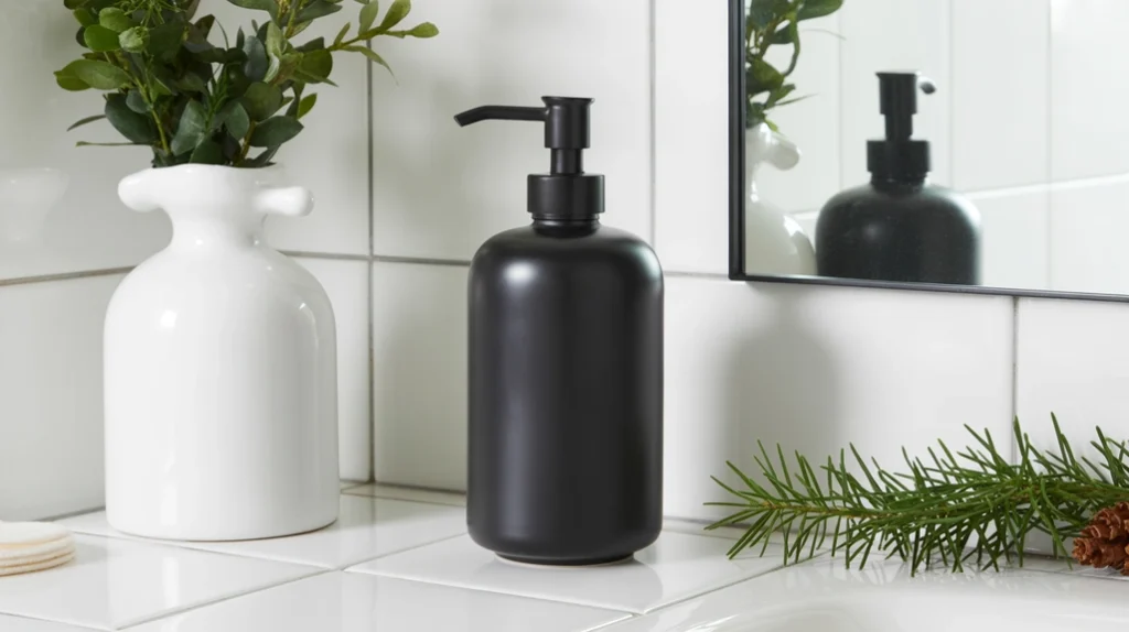 matte black soap dispenser paired with white ceramic accessories in a clean holiday bathroom setup