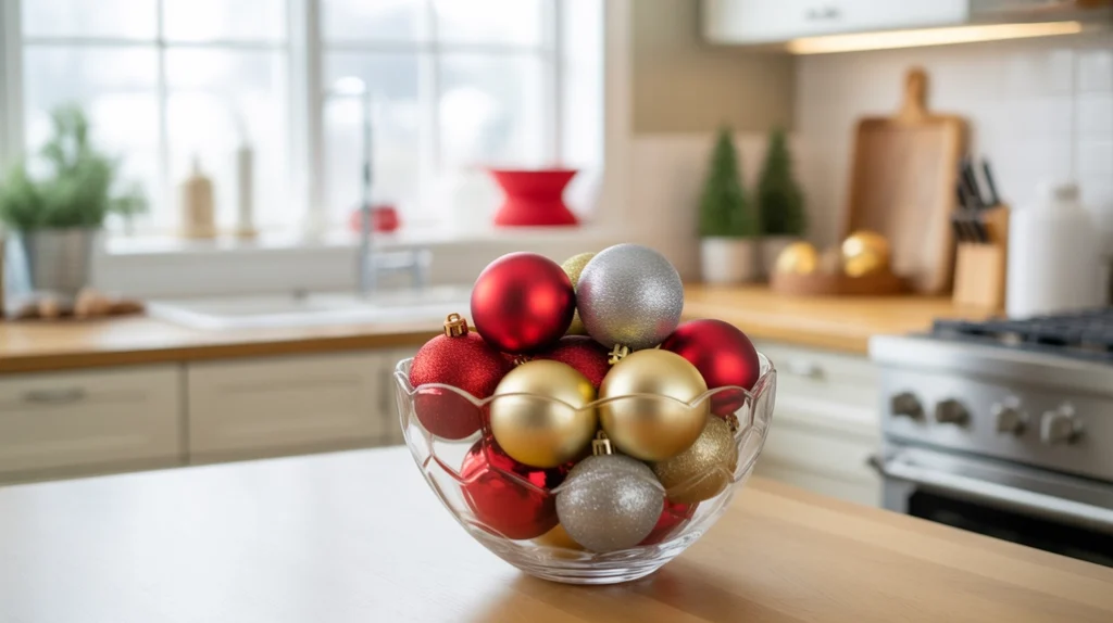 Glass bowl filled with red and gold ornaments used as simple Christmas island centerpiece in bright modern kitchen