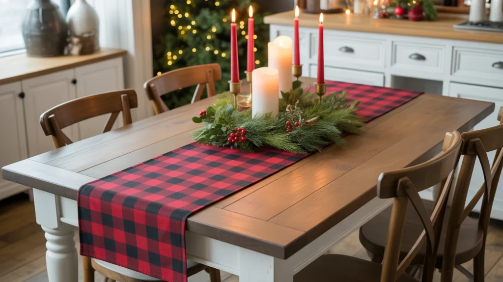 Buffalo plaid table runner on a wooden table with greenery for a rustic holiday look