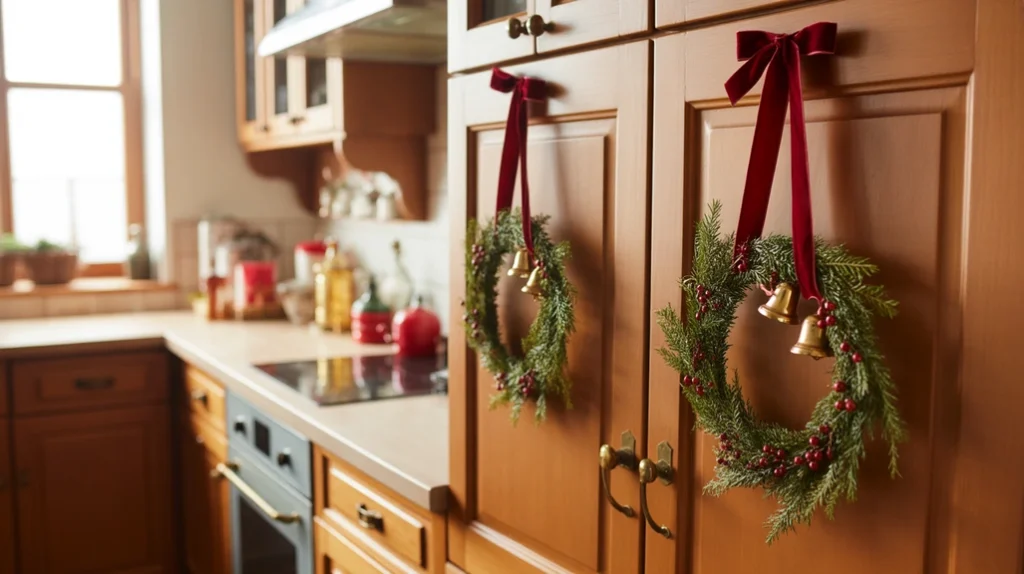 Small Christmas wreaths hanging on kitchen cabinet doors with velvet ribbon