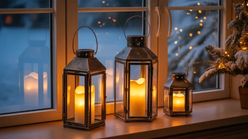Candle lanterns glowing on windowsill adding warmth and sparkle to cozy Christmas home decor.