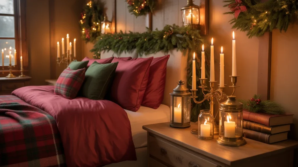 Soft candlelight glow creating cozy ambiance in a red-and-green traditional Christmas bedroom